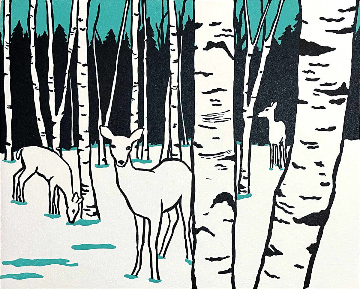 White Deer and Paper Birch • Letterpress and Linocut Fine Art Print