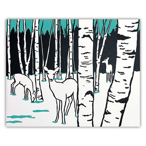 White Deer and Paper Birch • Letterpress and Linocut Fine Art Print