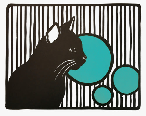 Cat with Stripes and Circles, Linocut Fine Art Print