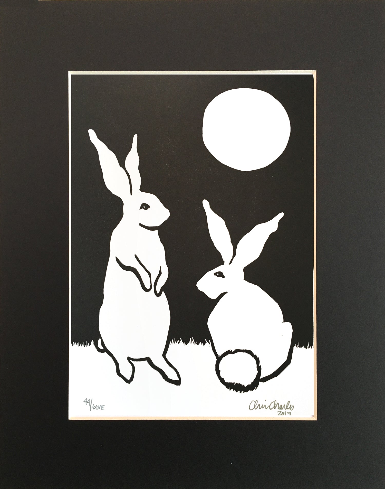 Moon Bunnies Linocut Fine Art Print