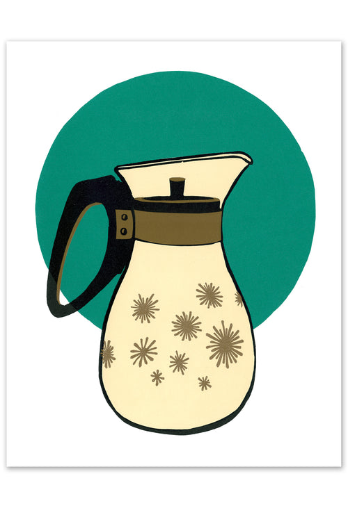 Coffee Carafe, Teal Burst • Letterpress and Linocut Fine Art Print
