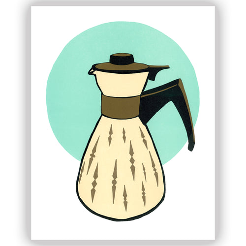 Coffee Carafe, Aqua Diamonds • Letterpress and Linocut Fine Art Print