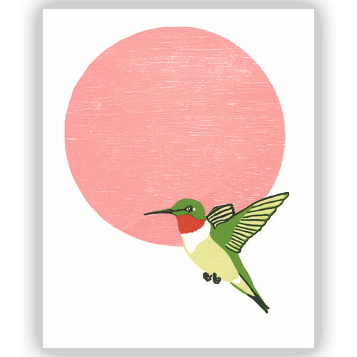 Ruby-Throated Hummingbird Fine Art Linoleum Block Letterpress Print