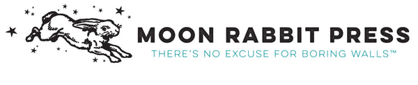 The logo for Moon Rabbit Press, featuring a vintage inspired black line-art illustration of a rabbit leaping among stars on the left, with the text 'MOON RABBIT PRESS' and the tagline 'THERE'S NO EXCUSE FOR BORING WALLS' on a plain white background.
