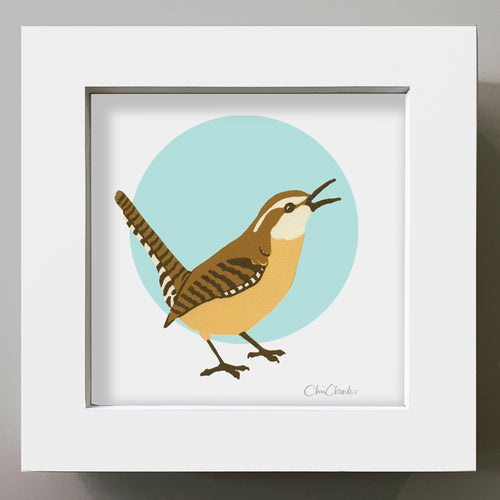 CAROLINA WREN Framed Mini Bird Reproduction 4"x4"