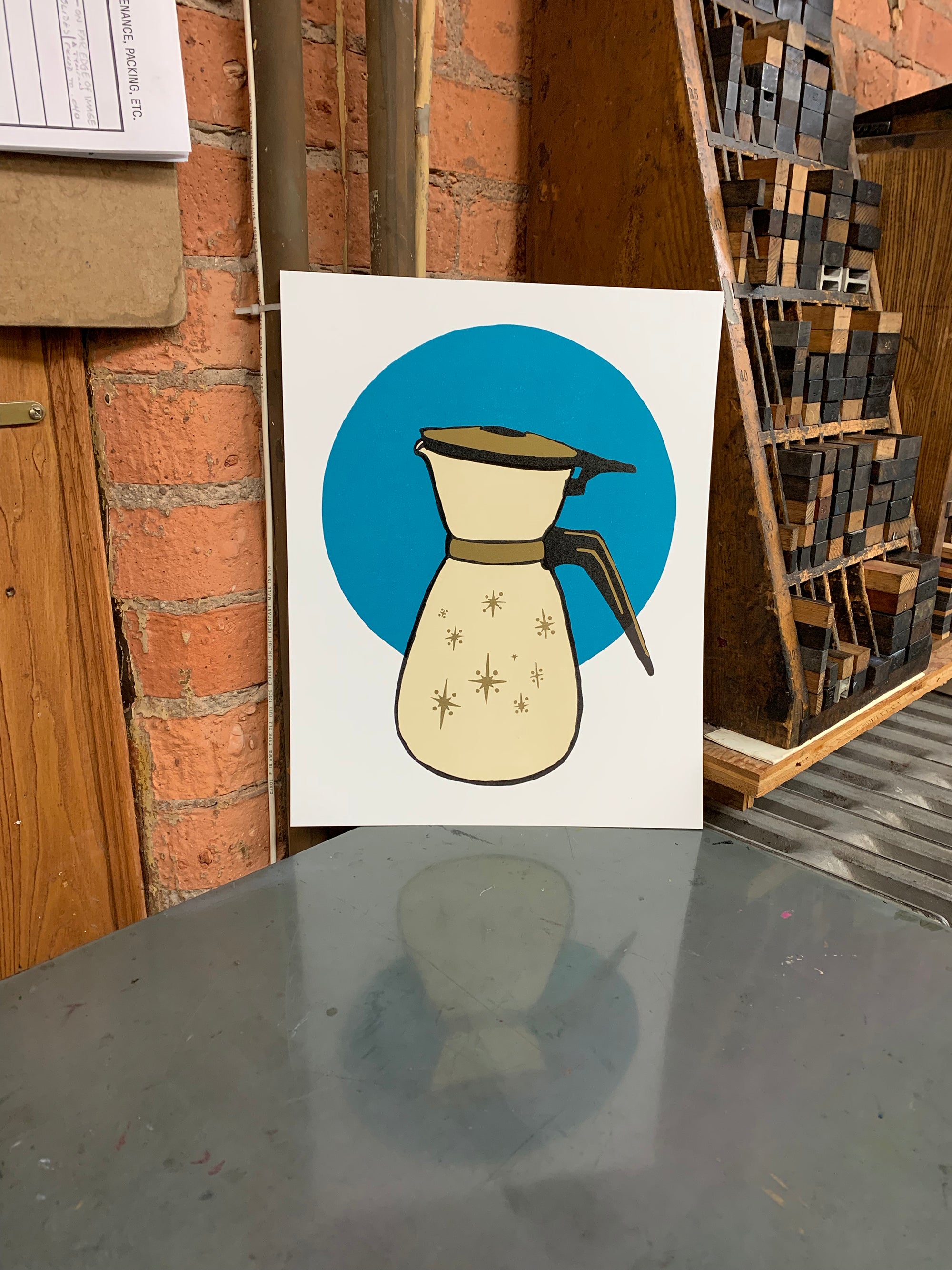 Coffee Carafe, Cobalt Starbursts • Letterpress and Linocut Fine Art Print