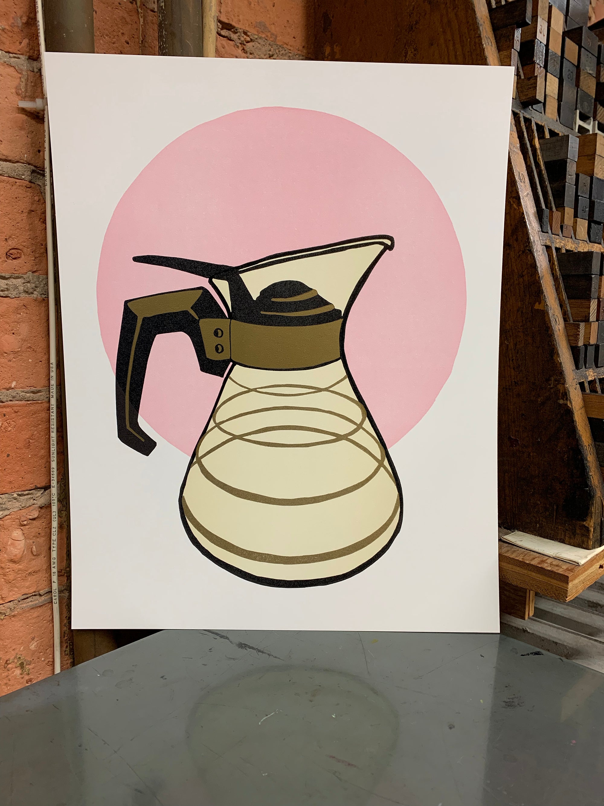 Coffee Carafe, Pink Stripes • Letterpress and Linocut Fine Art Print