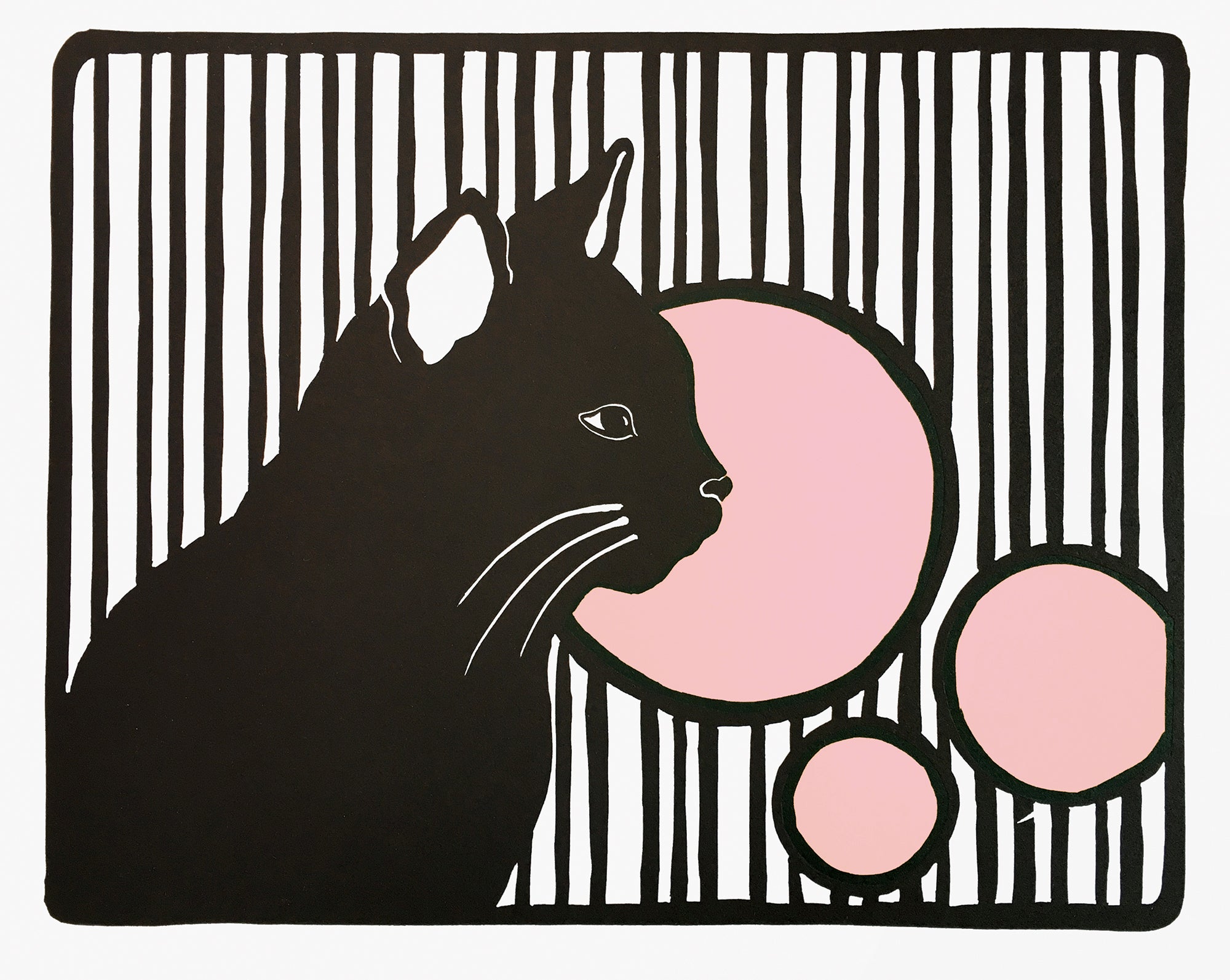 Cat with Stripes and Circles, Linocut Fine Art Print – Moon Rabbit