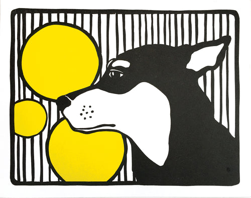 Dog with Stripes and Circles, Linocut Fine Art Print