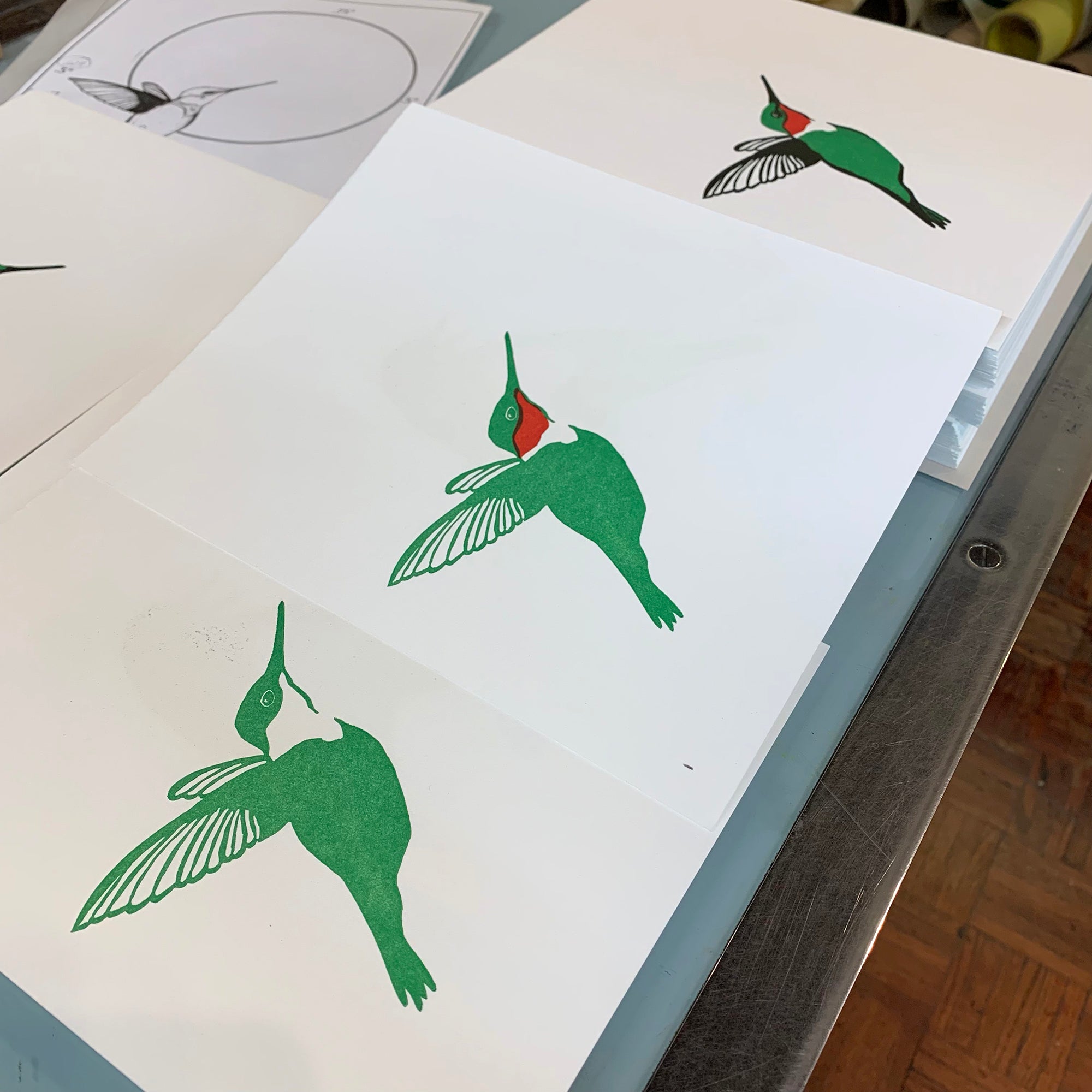 Ruby-Throated Hummingbird Fine Art Linoleum Block Letterpress Print