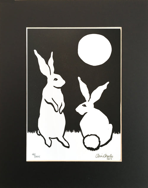 Moon Bunnies Linocut Fine Art Print