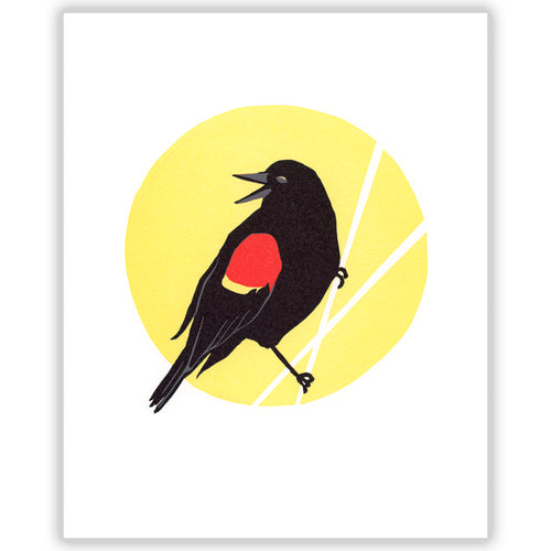 Red-winged Blackbird fine art linoleum block letterpress print