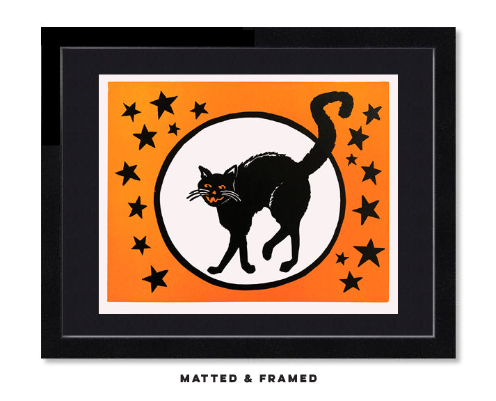 Scaredy Cat, Vintage Black Cat Linocut Fine Art Print