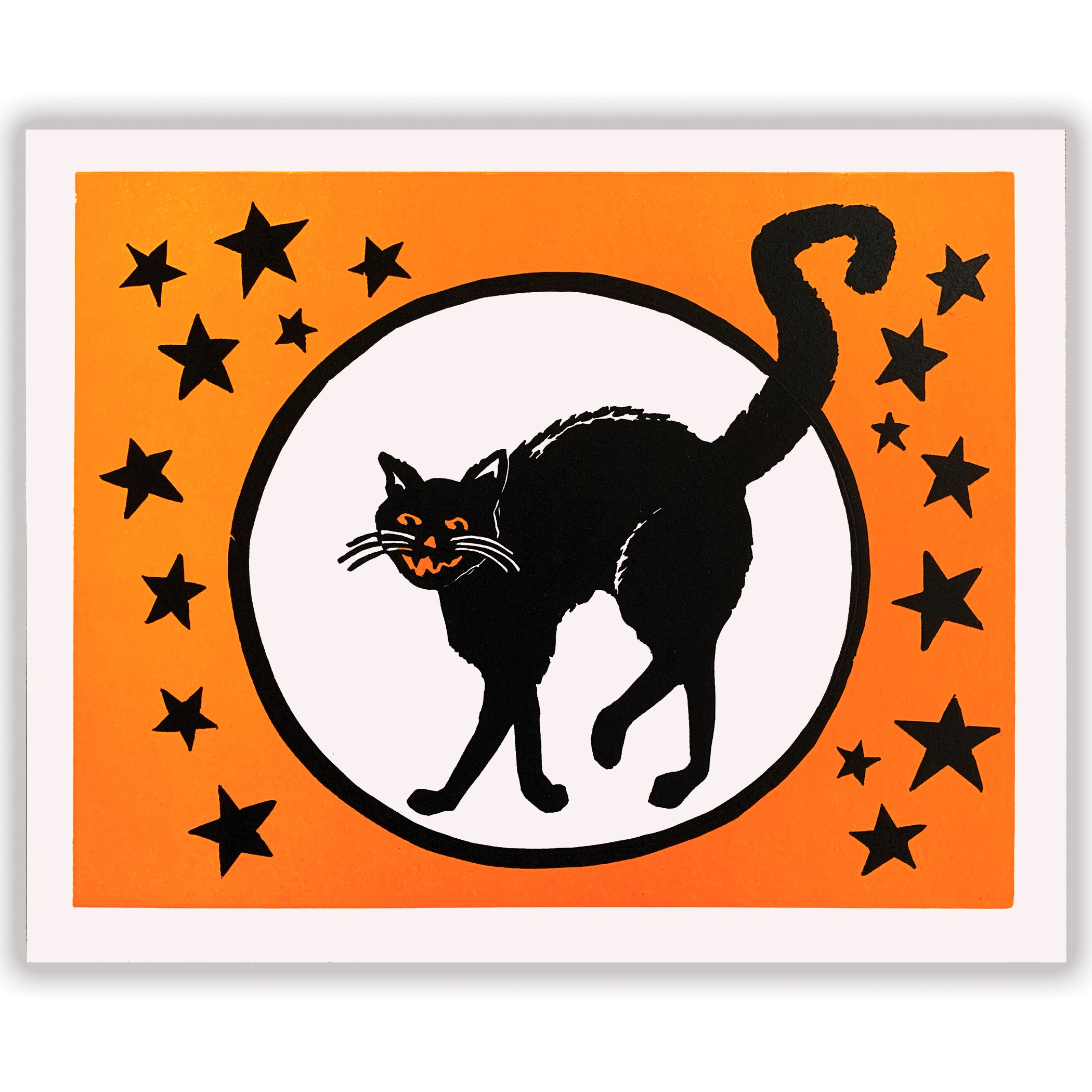 Scaredy Cat, Vintage Black Cat Linocut Fine Art Print